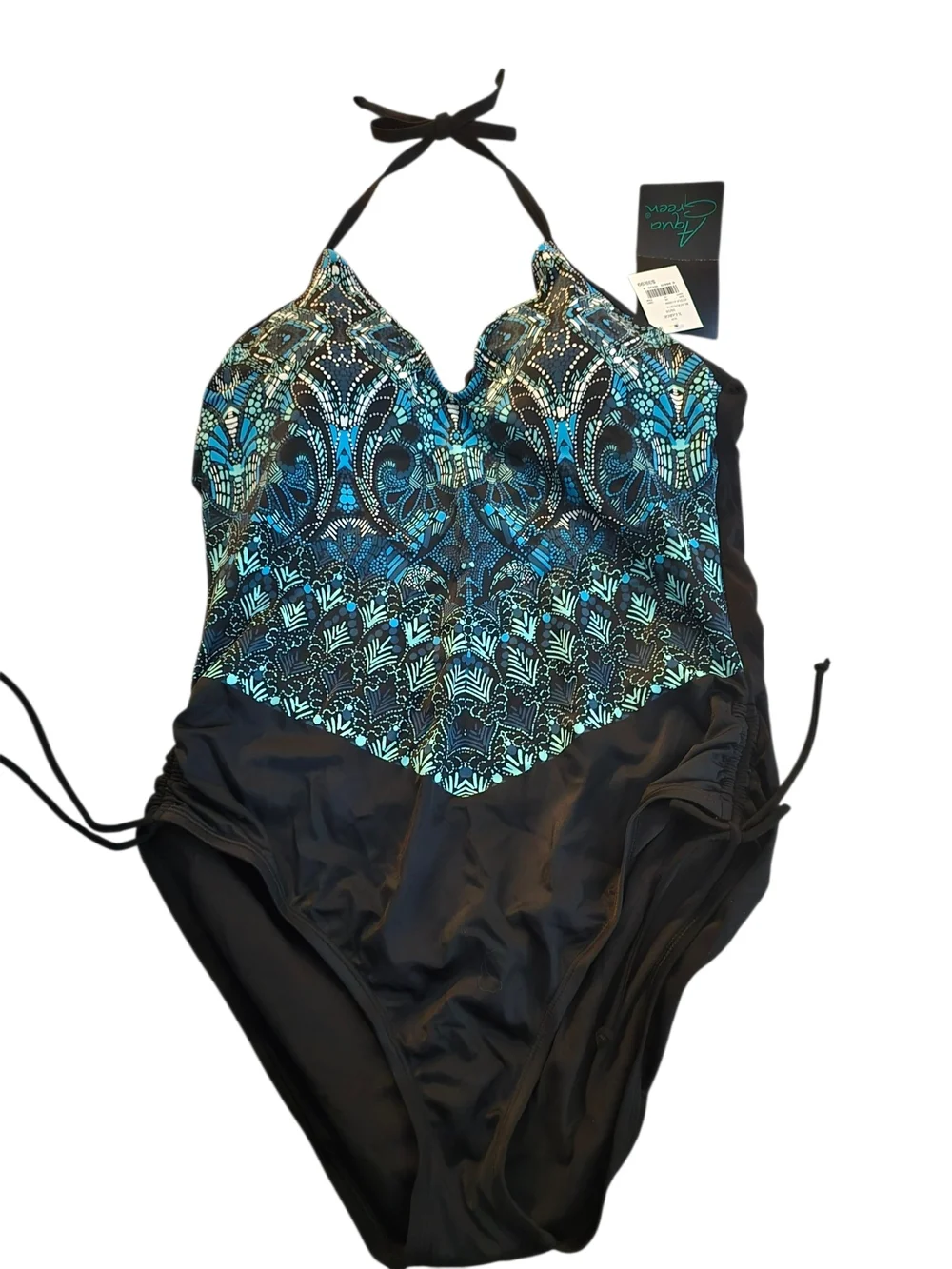 NWT Blue Black Halter One-Piece Swimsuit | Adjustable Side Ruched Tummy Sz XL